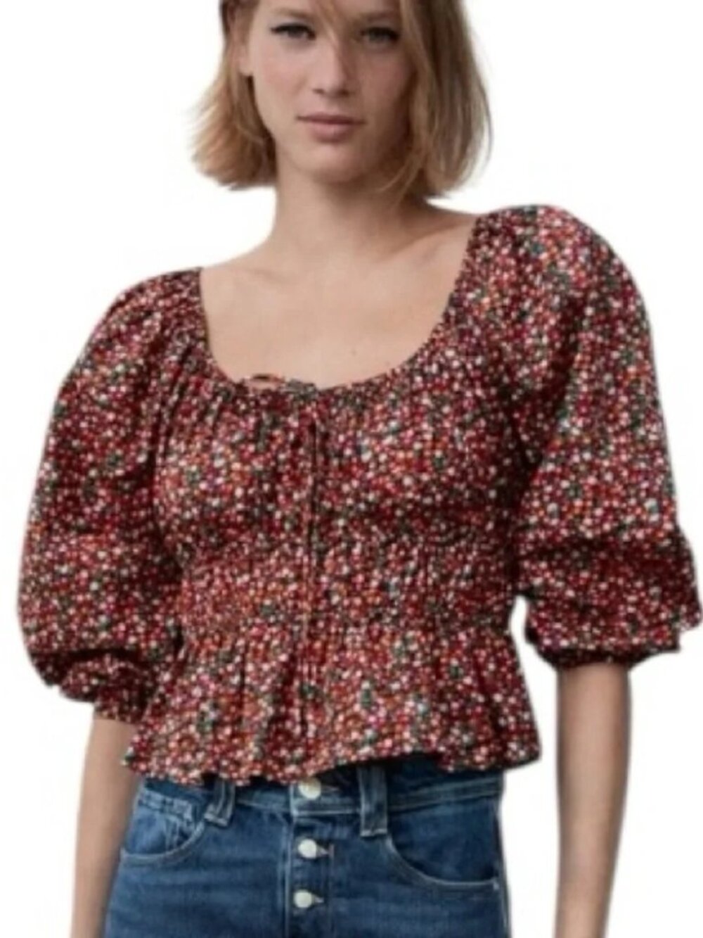 Zara Floral Smocked Puff Sleeve Pullover Black Pink Orange Top XS NWT